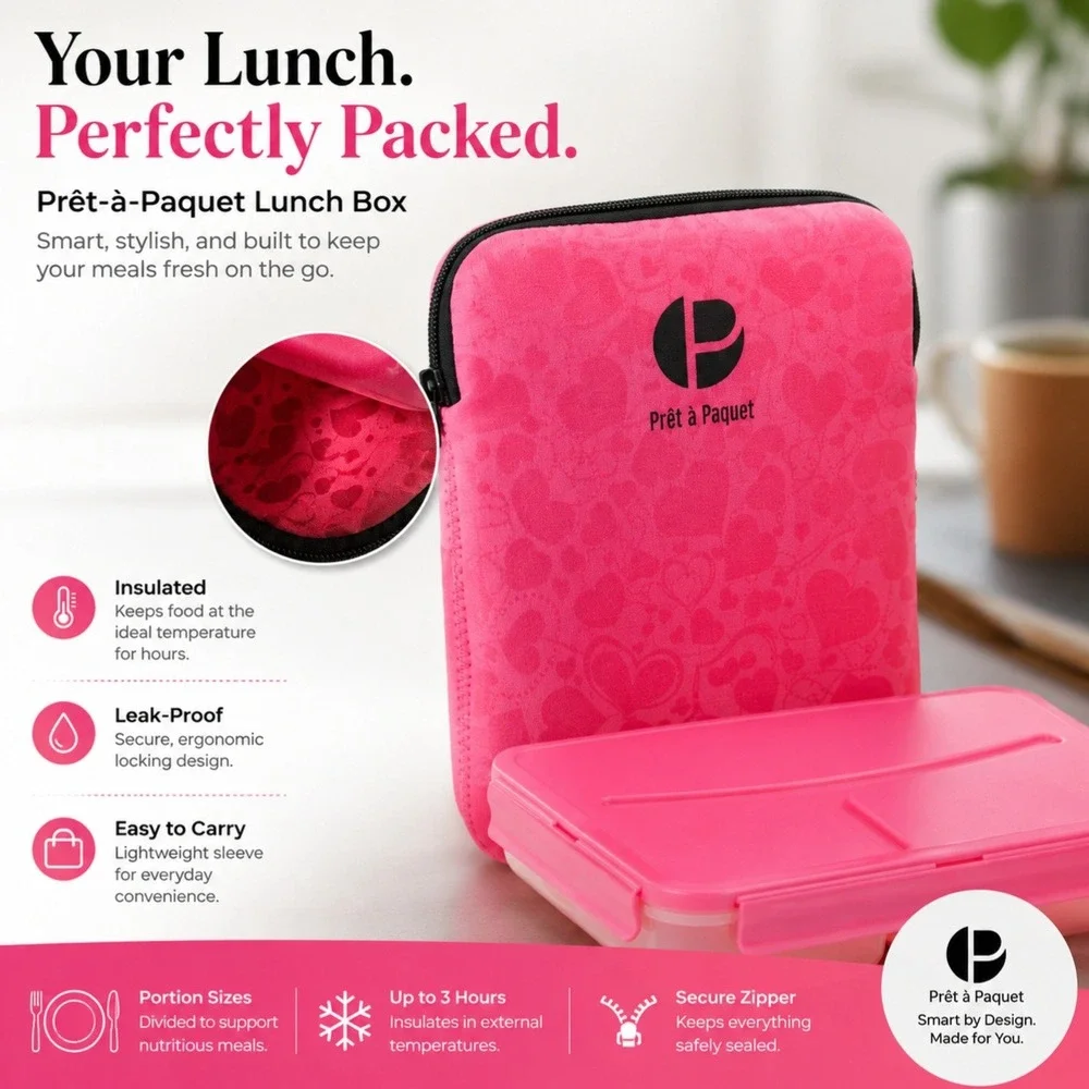 Pret-a-Paquet‎ Lunch To-Go Kit Pink Insulated Neoprene Sleeve Bento Box 35.2oz